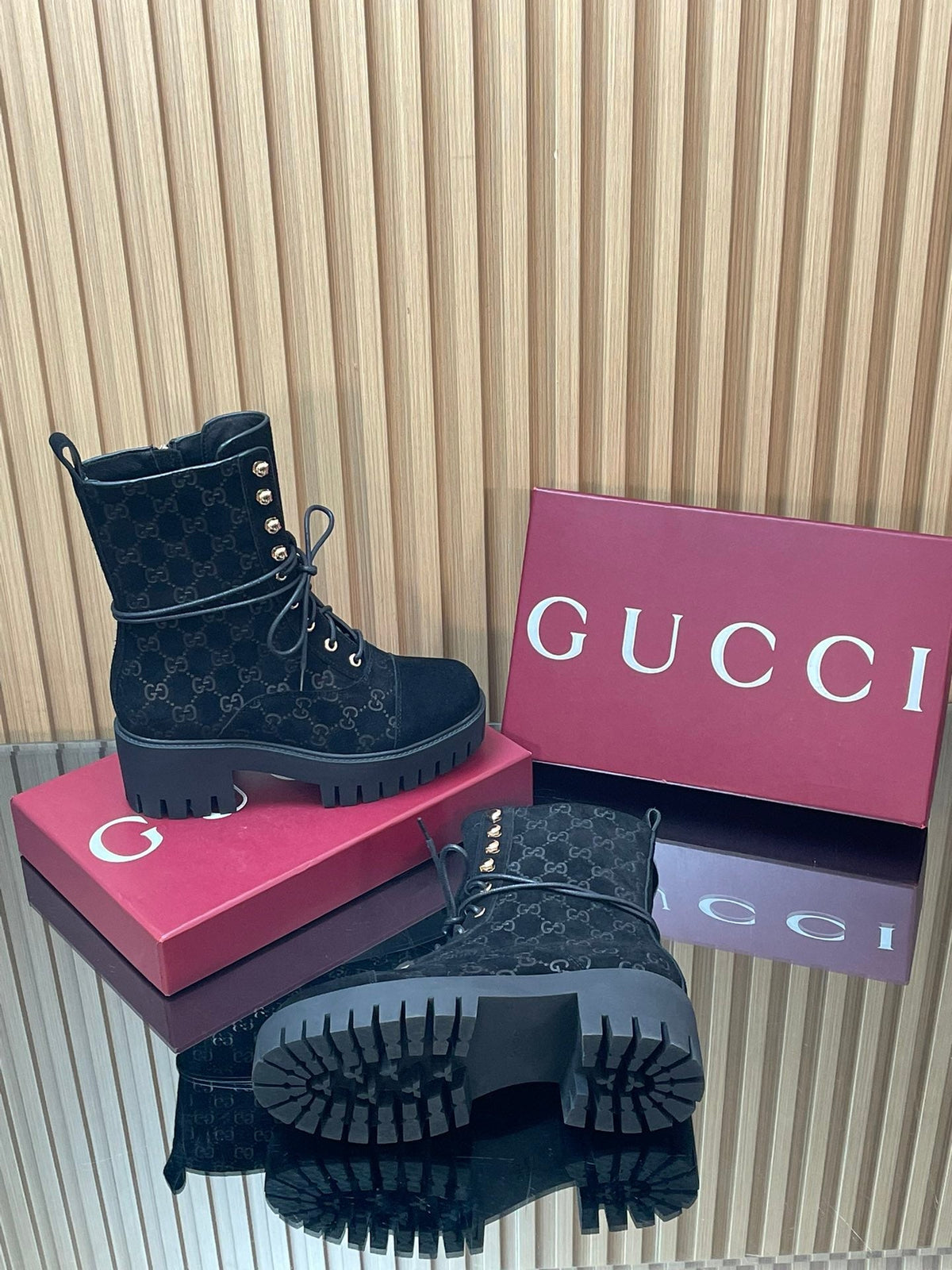 Gi 26s Combat Boots Black GG-Embossed Suede 997186