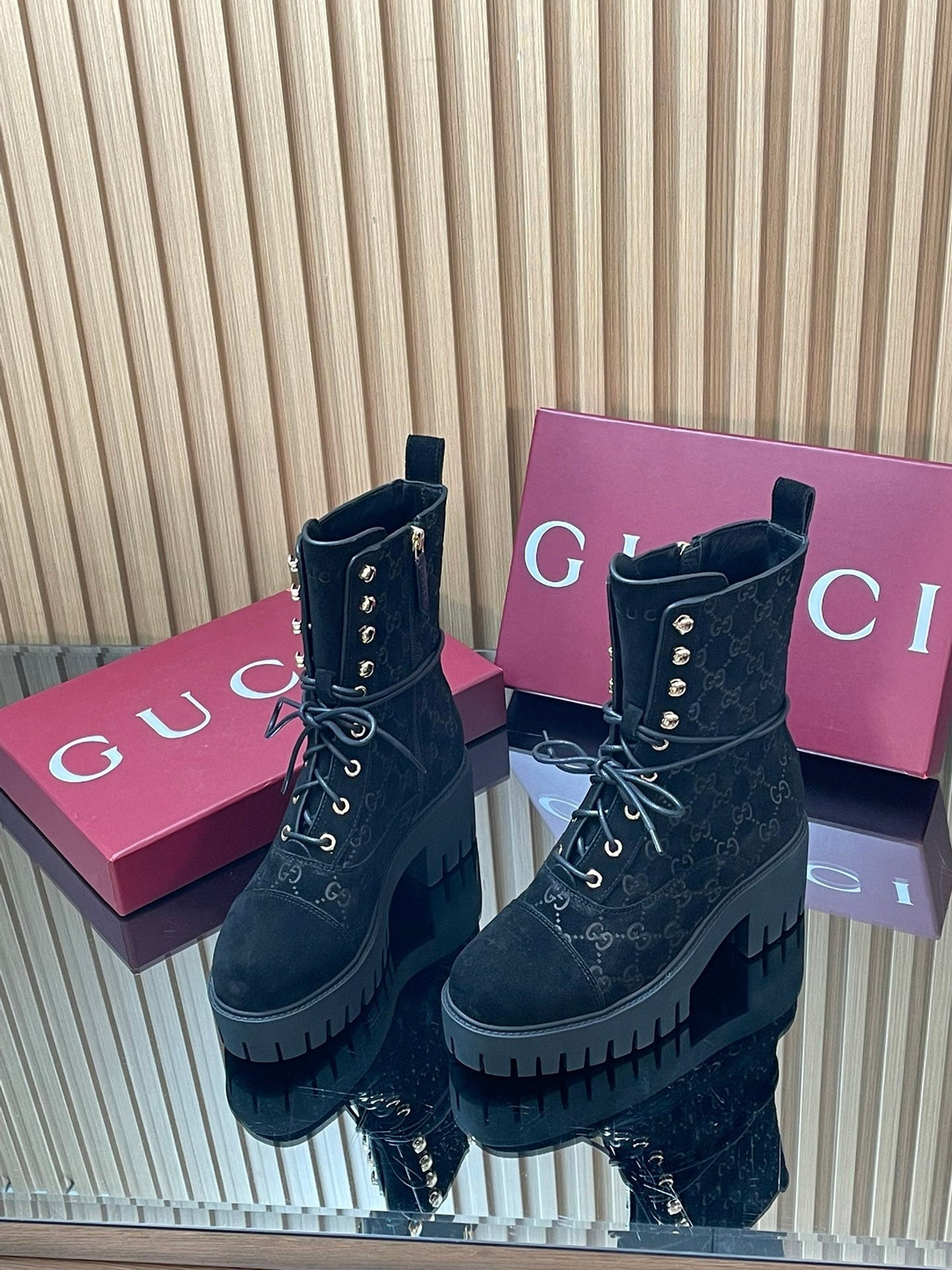 Gi 26s Combat Boots Black GG-Embossed Suede 997186