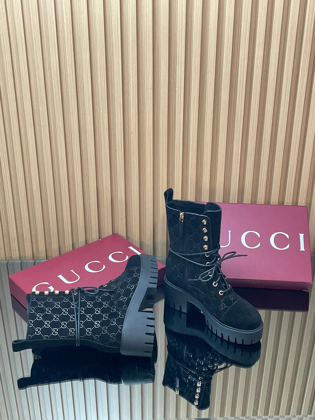 Gi 26s Combat Boots Black GG-Embossed Suede 997186