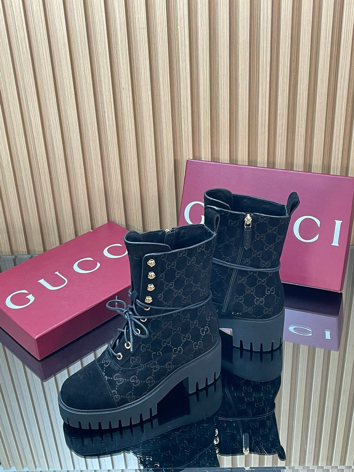 Gi 26s Combat Boots Black GG-Embossed Suede 997186