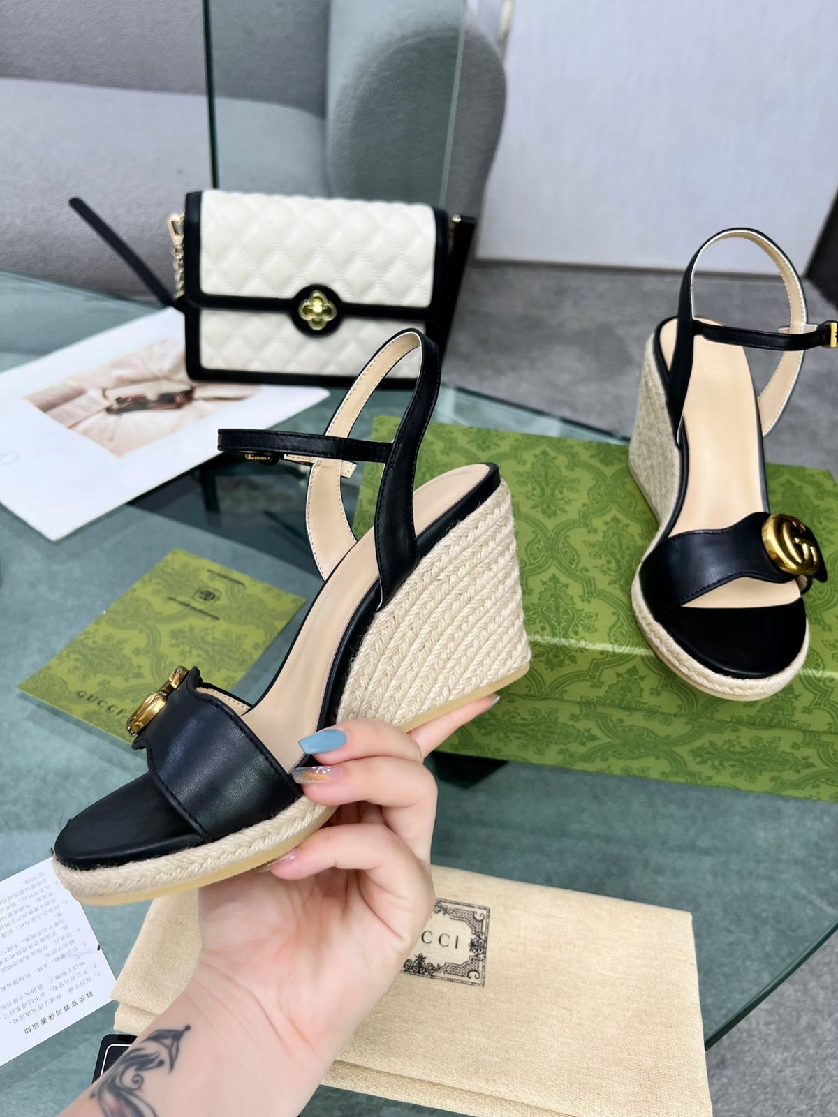 Gi 26s Straw Platform Sandals 8cm Black Leather 926710