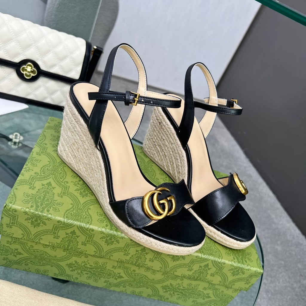 Gi 26s Straw Platform Sandals 8cm Black Leather 926710