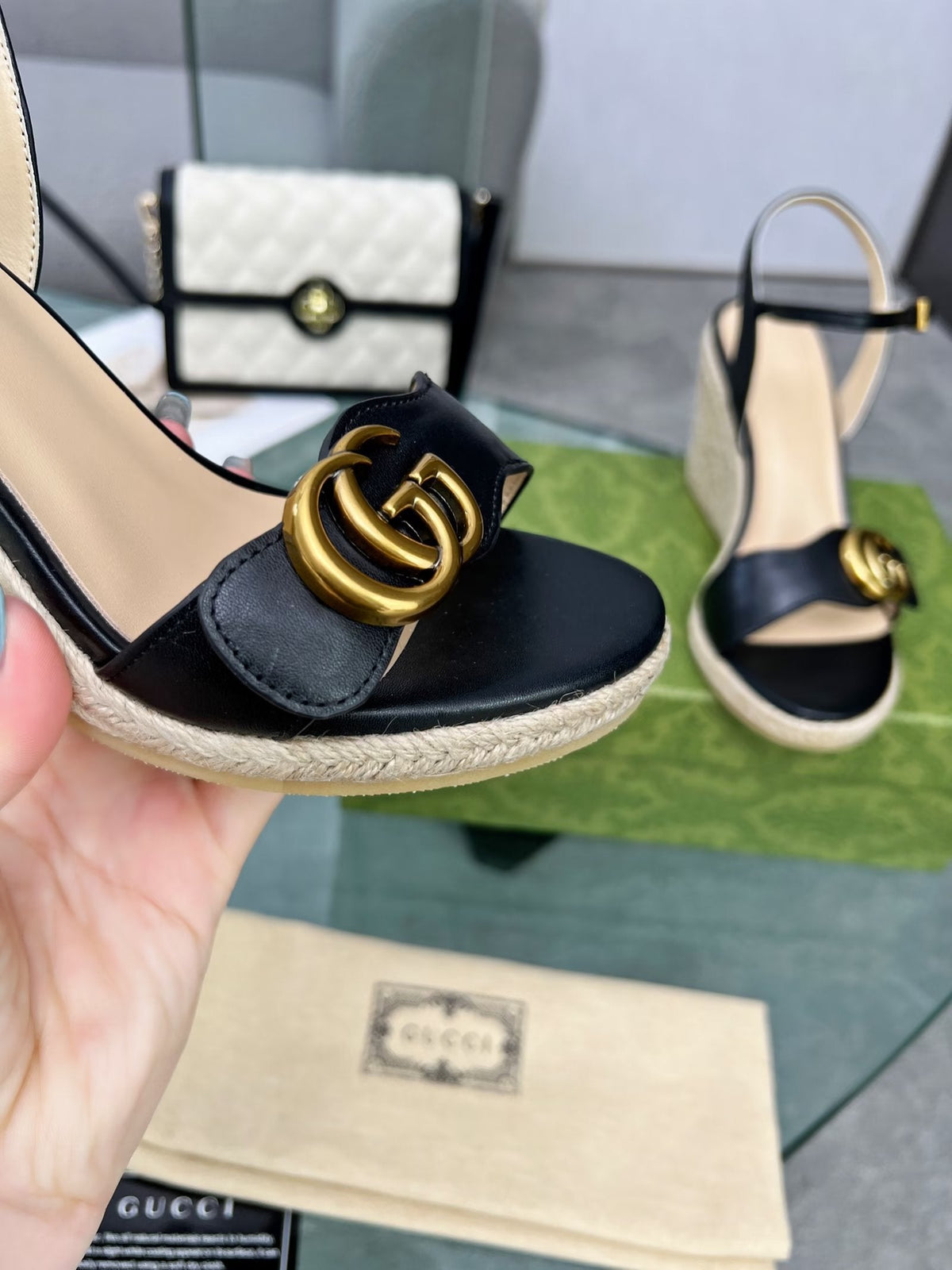 Gi 26s Straw Platform Sandals 8cm Black Leather 926710