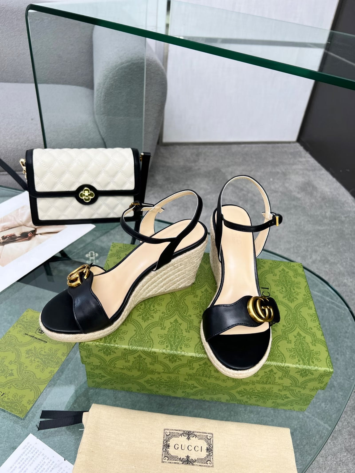 Gi 26s Straw Platform Sandals 8cm Black Leather 926710