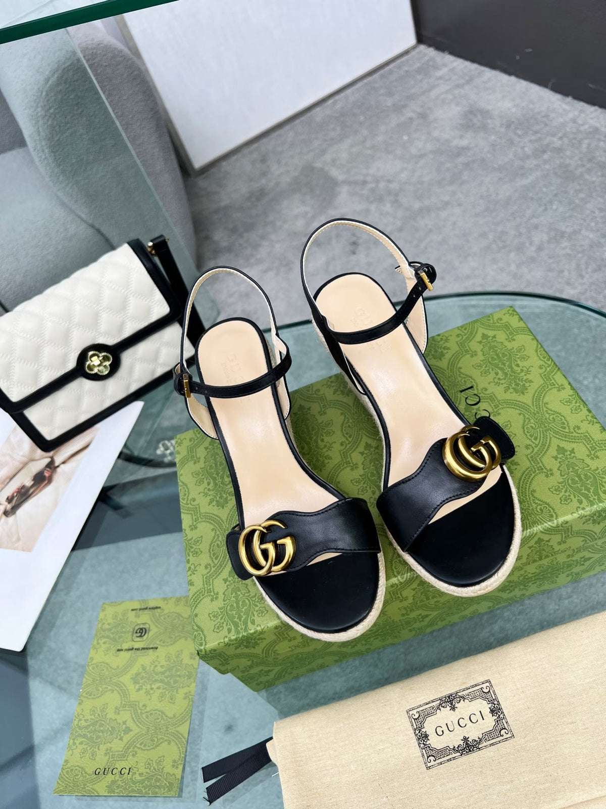 Gi 26s Straw Platform Sandals 8cm Black Leather 926710