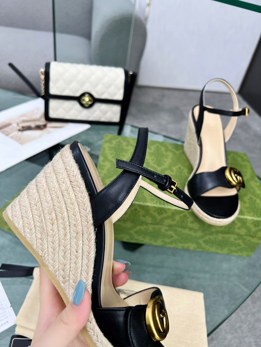 Gi 26s Straw Platform Sandals 8cm Black Leather 926710