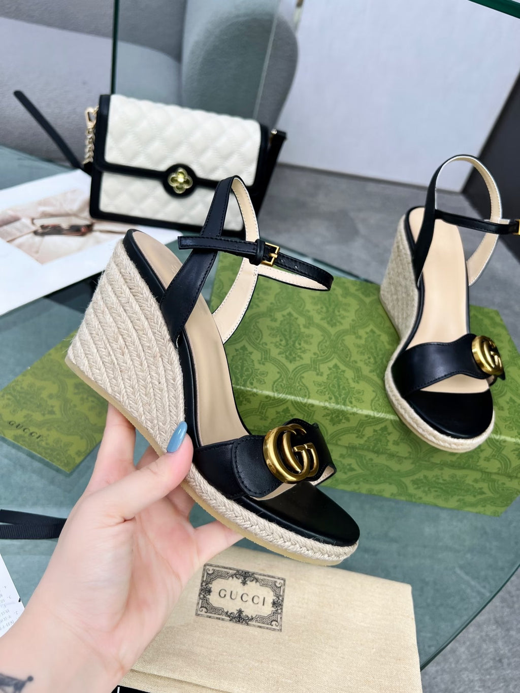 Gi 26s Straw Platform Sandals 8cm Black Leather 926710