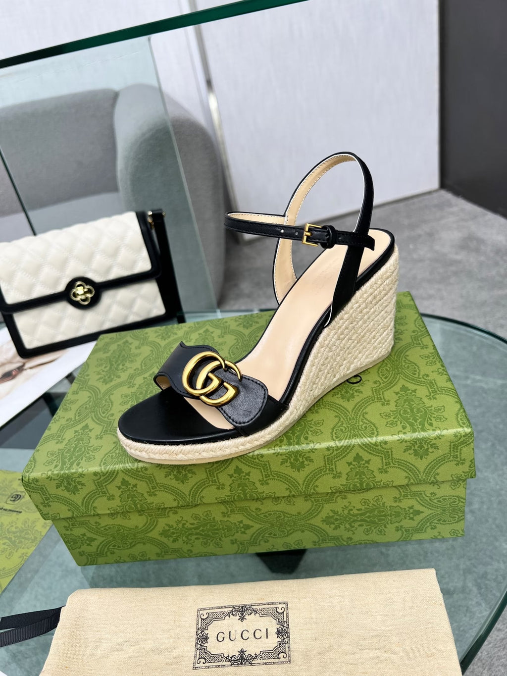 Gi 26s Straw Platform Sandals 8cm Black Leather 926710