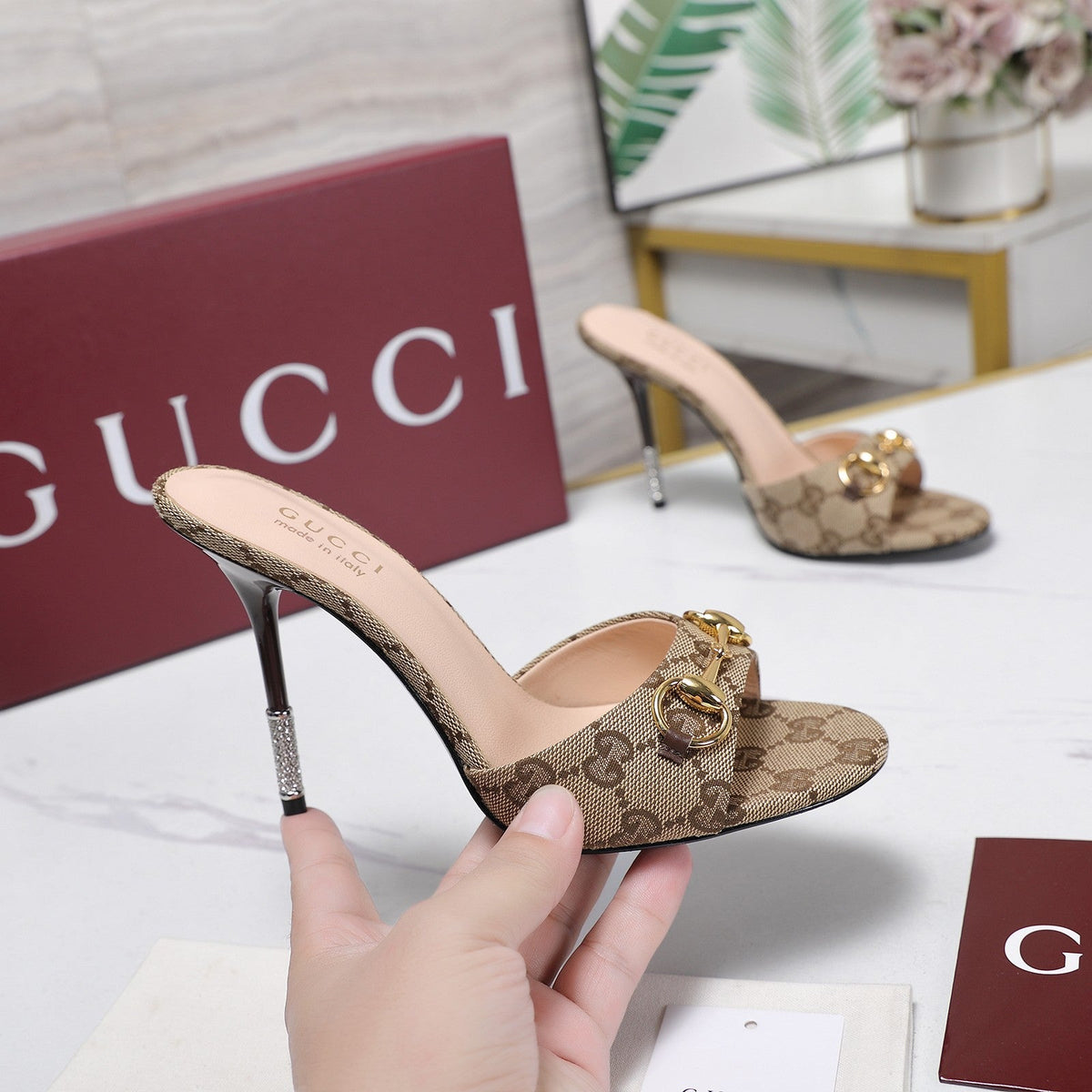 Gi 26s Mules Crystal-Embellished Stiletto Heels Beige Canvas 961231