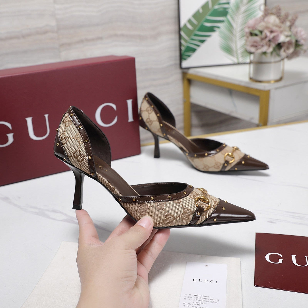 Gi 26s Savoy Pumps Brown Beige Lambskin Canvas 961239