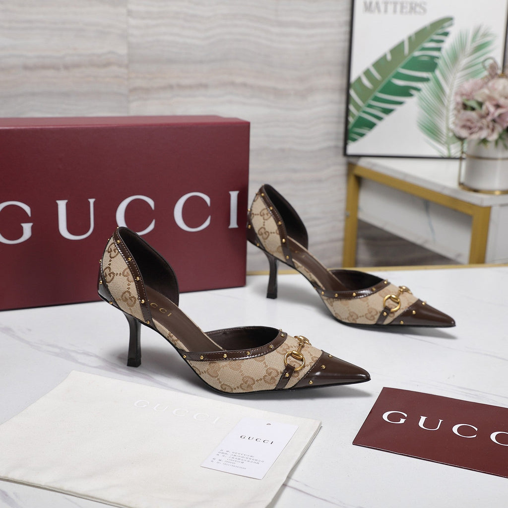 Gi 26s Savoy Pumps Brown Beige Lambskin Canvas 961239