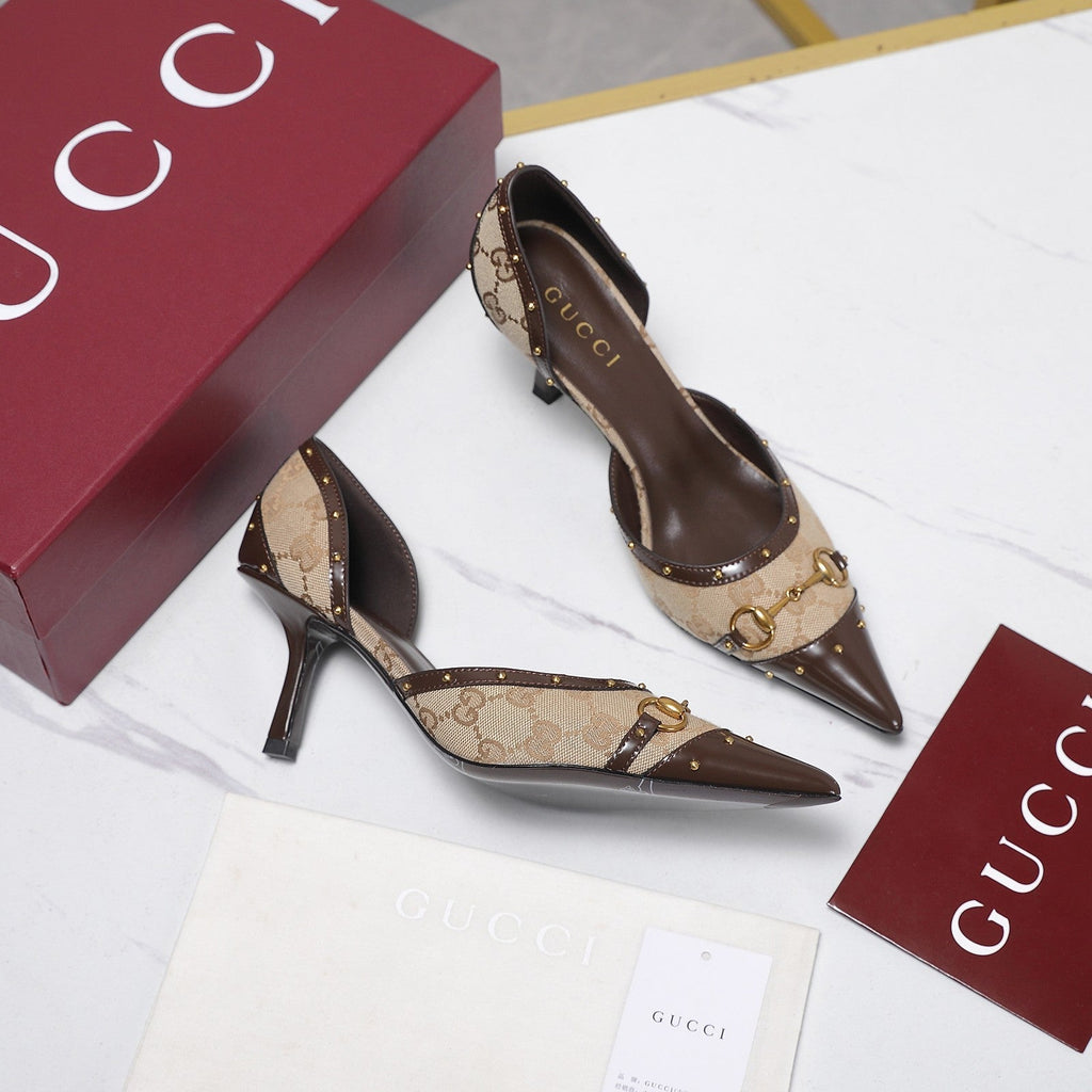 Gi 26s Savoy Pumps Brown Beige Lambskin Canvas 961239