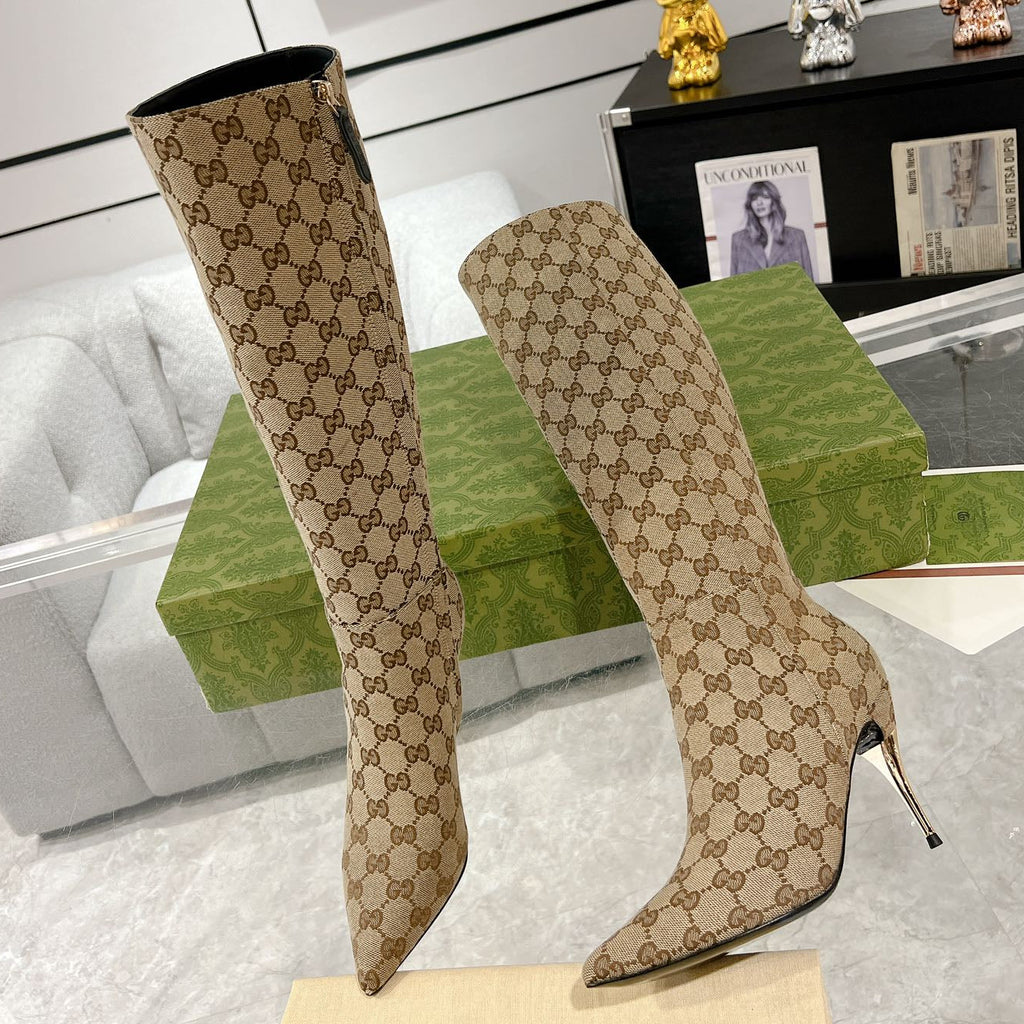 Gi 2026 High-Heeled Boot Beige Canvas Leather 953419