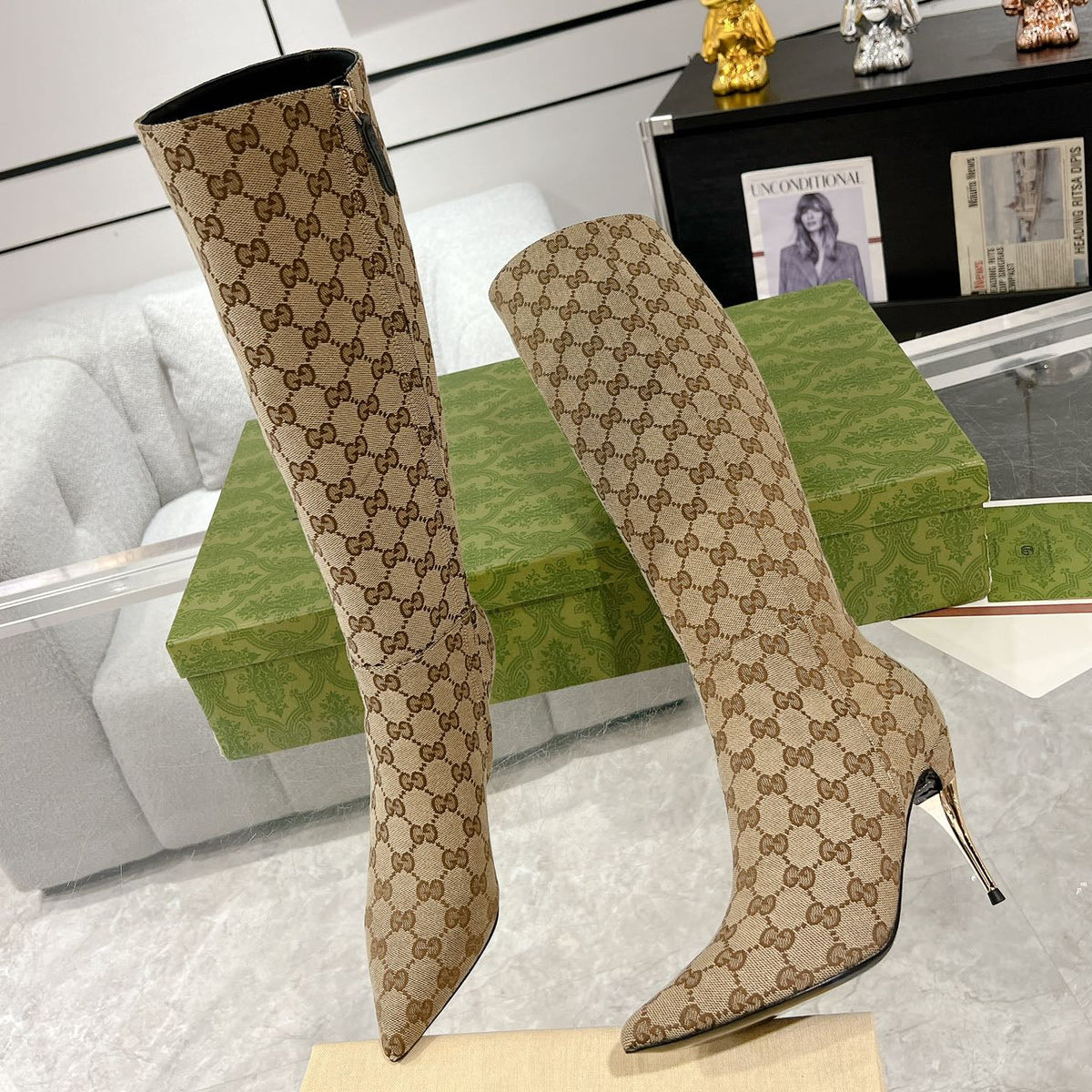 Gi 2026 High-Heeled Boot Beige Canvas Leather 953419
