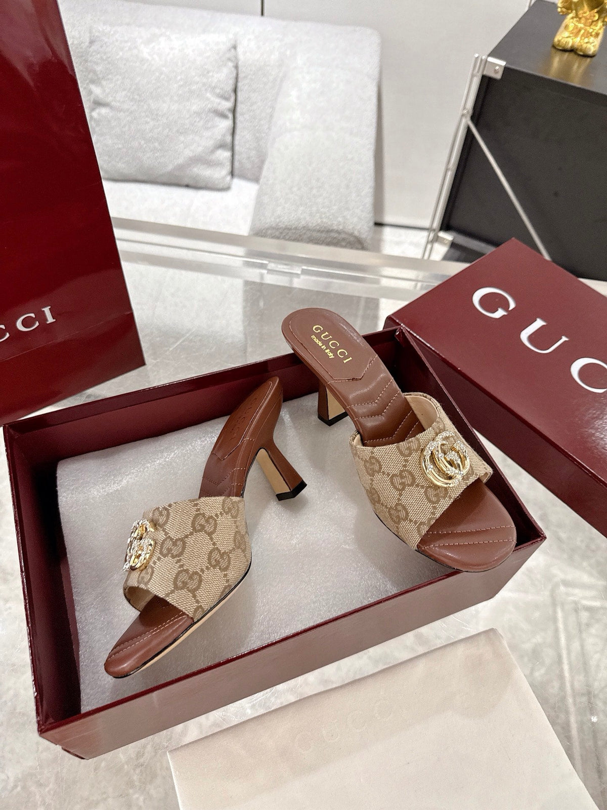 GC 2025 Double G High Heel Sandals Sheepskin