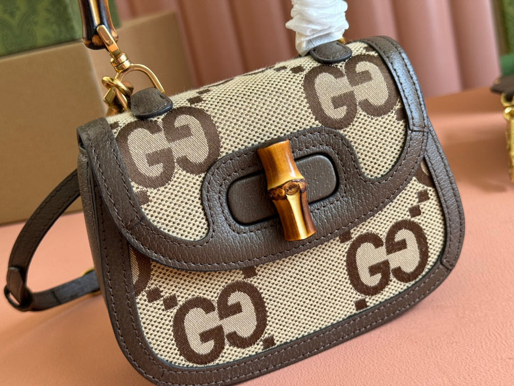 Gi Bamboo Bag 17cm Brown mix Beige Canvas Leather 248506