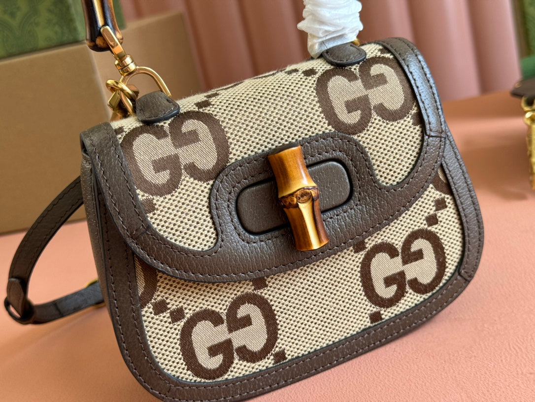 Gi Bamboo Bag 17cm Brown mix Beige Canvas Leather 248506