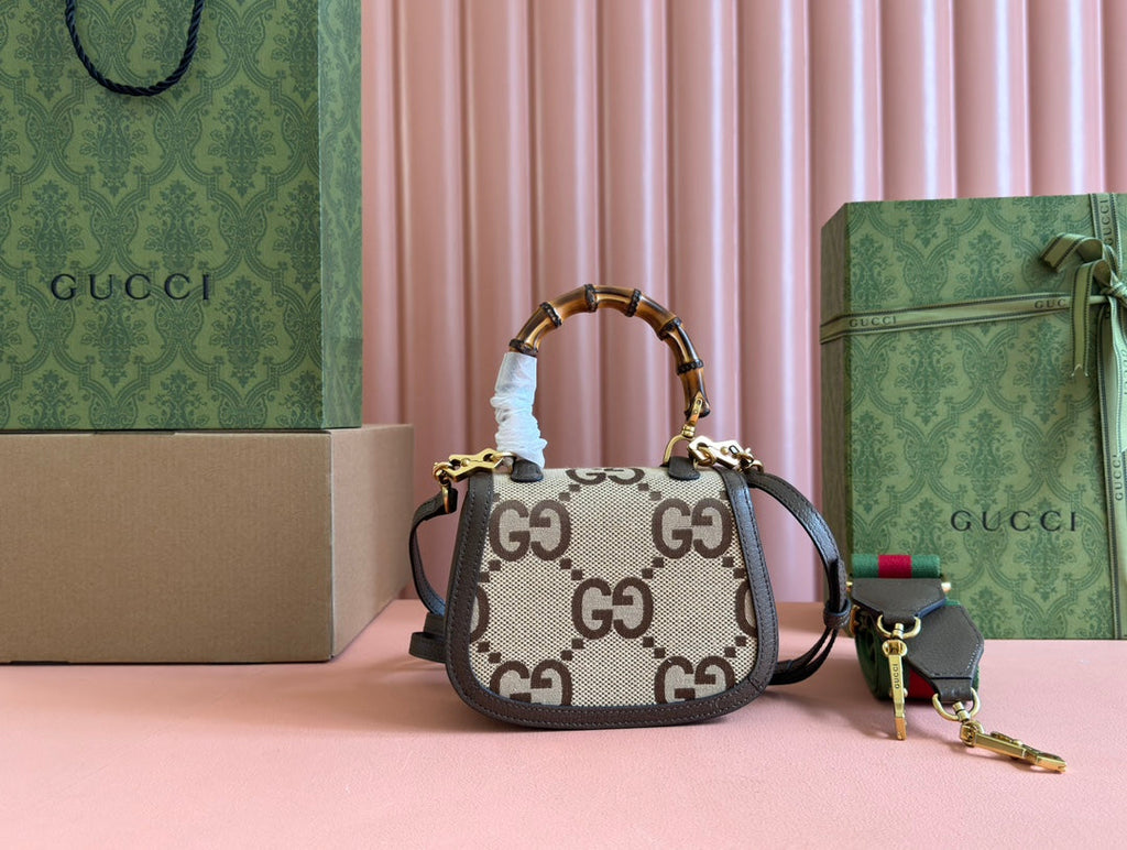 Gi Bamboo Bag 17cm Brown mix Beige Canvas Leather 248506