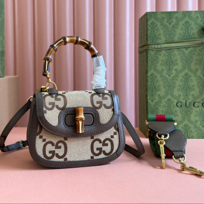 Gi Bamboo Bag 17cm Brown mix Beige Canvas Leather 248506