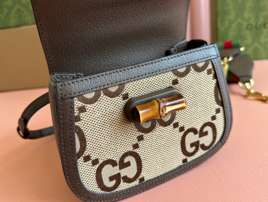 Gi Bamboo Bag 17cm Brown mix Beige Canvas Leather 248506