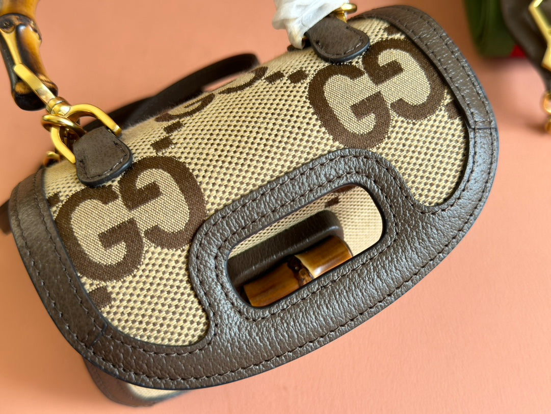 Gi Bamboo Bag 17cm Brown mix Beige Canvas Leather 248506