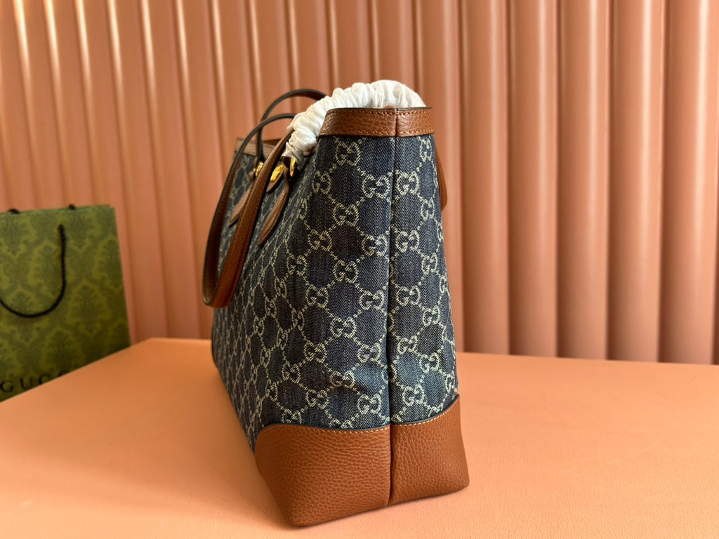 Gi Ophidia 38cm Bag Blue Brown Leather Canvas 244458