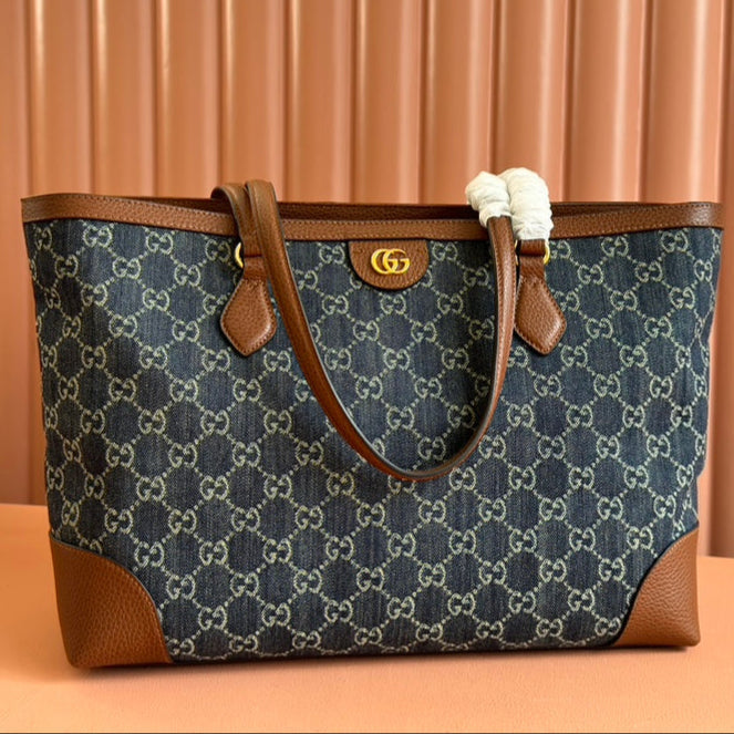 Gi Ophidia 38cm Bag Blue Brown Leather Canvas 244458