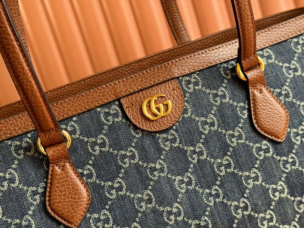 Gi Ophidia 38cm Bag Blue Brown Leather Canvas 244458