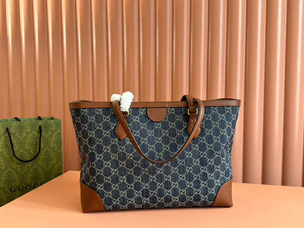 Gi Ophidia 38cm Bag Blue Brown Leather Canvas 244458