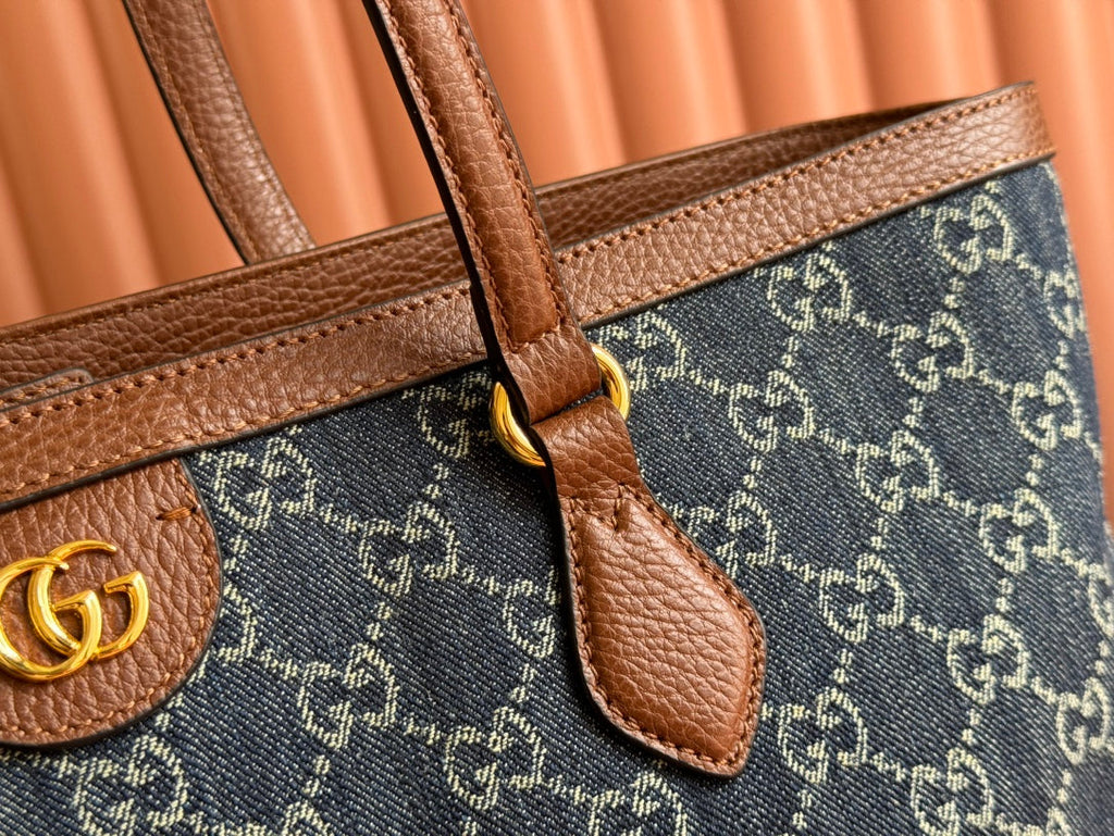 Gi Ophidia 38cm Bag Blue Brown Leather Canvas 244458