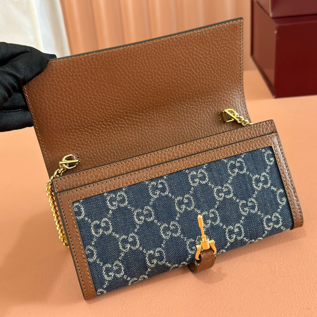 Gi Jackie Chain Wallet Blue Brown Canvas Leather 255173