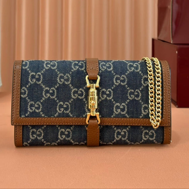 Gi Jackie Chain Wallet Blue Brown Canvas Leather 255173