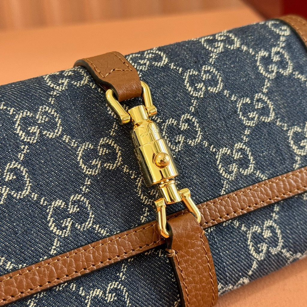 Gi Jackie Chain Wallet Blue Brown Canvas Leather 255173