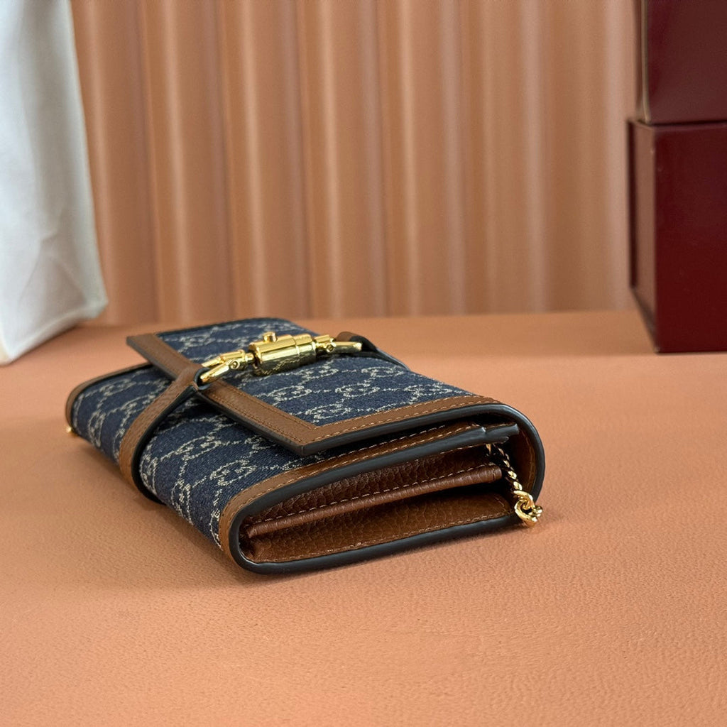 Gi Jackie Chain Wallet Blue Brown Canvas Leather 255173