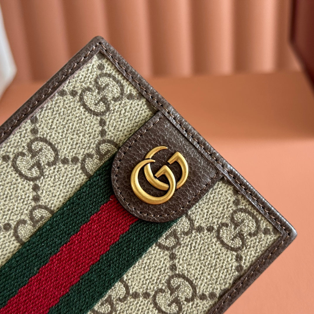 Gi Ophidia Bi-Fold Wallet Brown Beige Canvas Leather