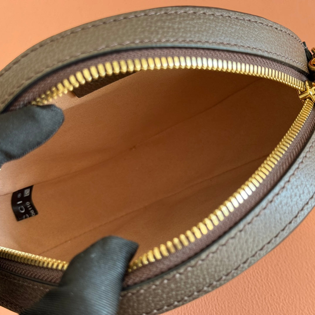 Gi Ophida Gi Round Bag Taupe Beige Canvas Grain Leather