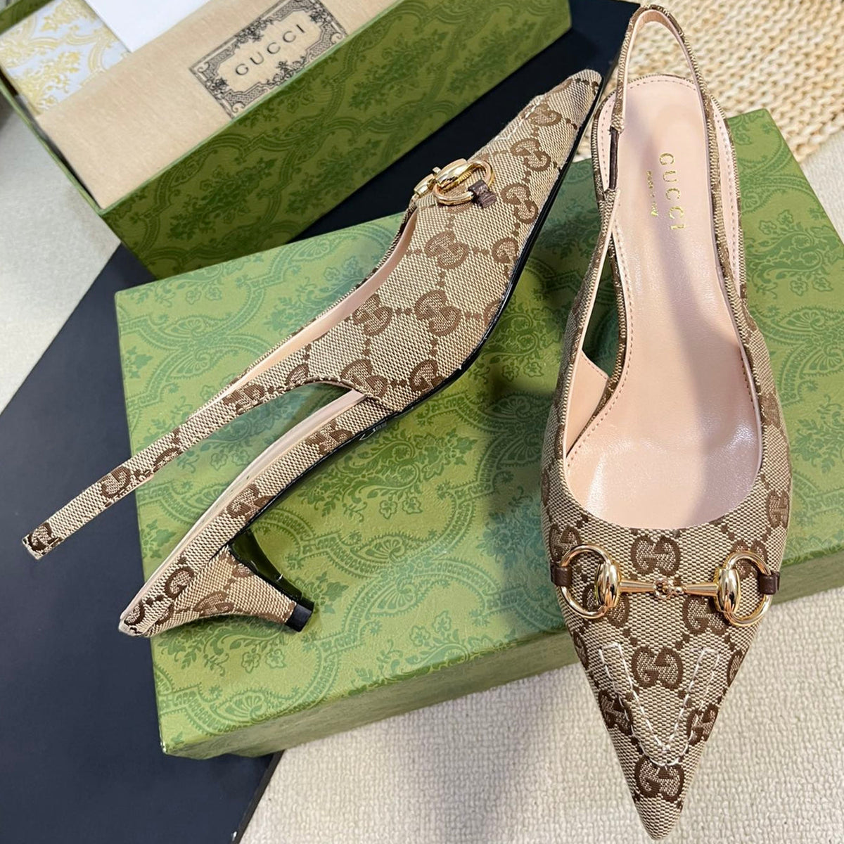GC Horsebit Slingback Pump 50mm Canvas Sheepskin