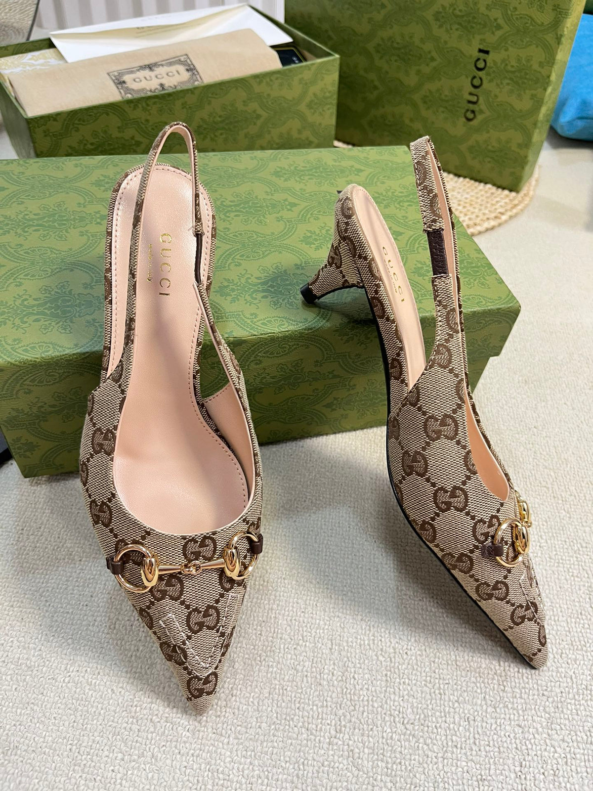 GC Horsebit Slingback Pump 50mm Canvas Sheepskin