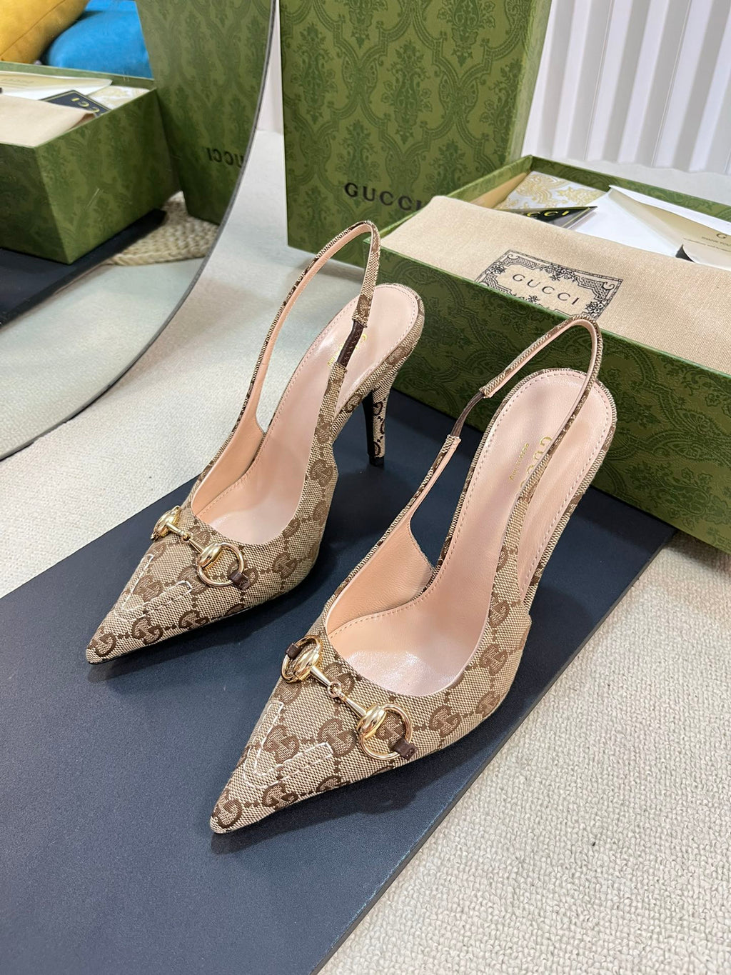 GC Horsebit Slingback Pump 100mm Canvas Sheepskin
