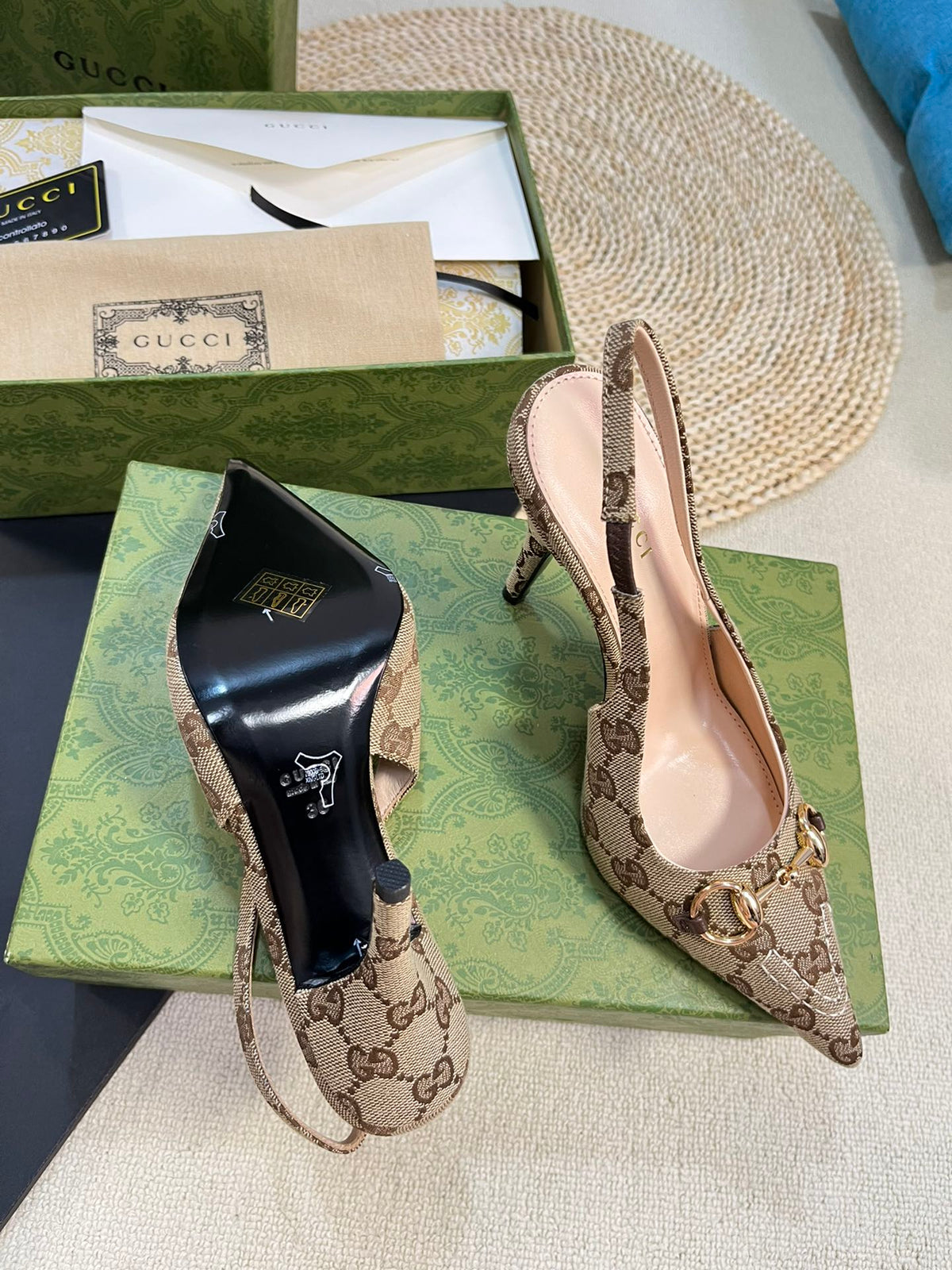 GC Horsebit Slingback Pump 100mm Canvas Sheepskin