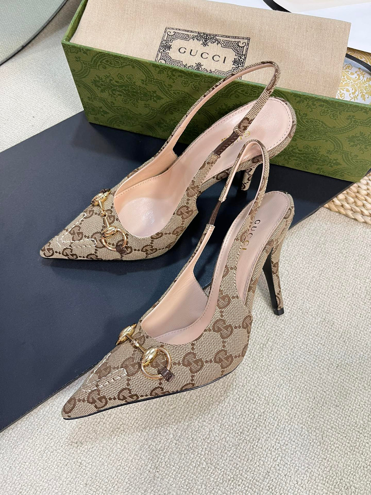 GC Horsebit Slingback Pump 100mm Canvas Sheepskin