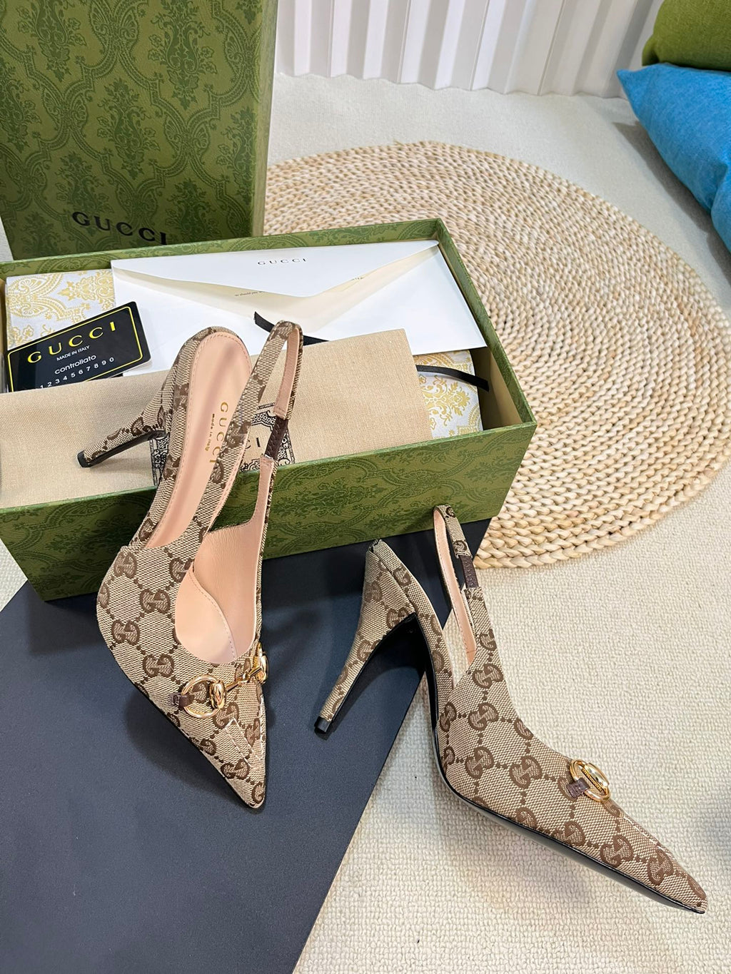GC Horsebit Slingback Pump 100mm Canvas Sheepskin