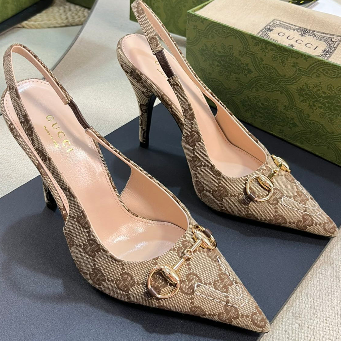 GC Horsebit Slingback Pump 100mm Canvas Sheepskin
