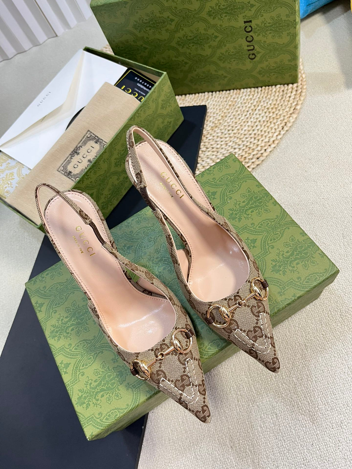GC Horsebit Slingback Pump 100mm Canvas Sheepskin