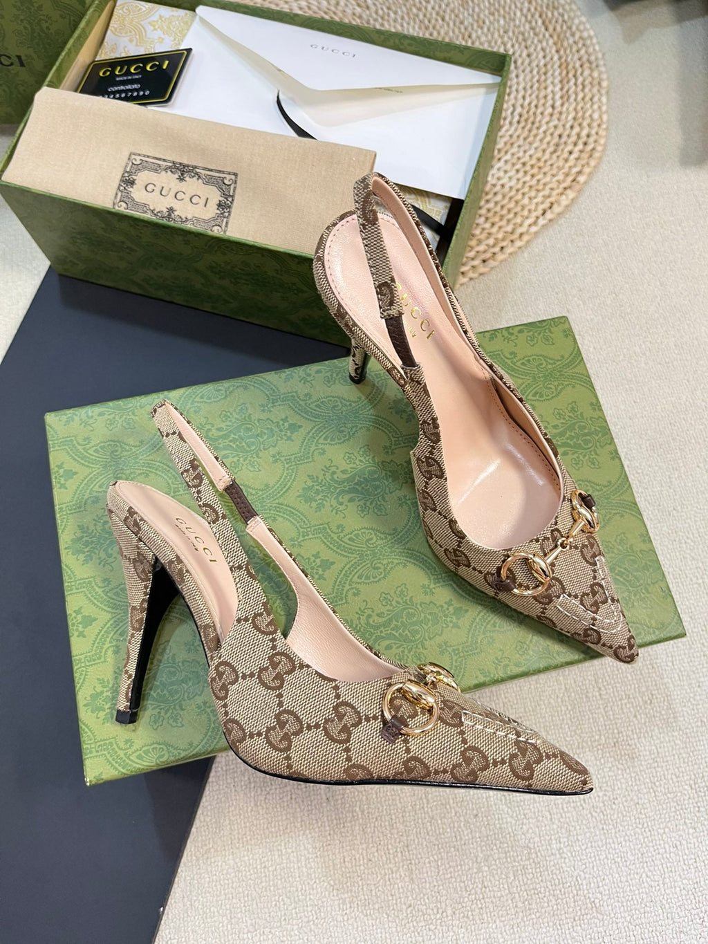 GC Horsebit Slingback Pump 100mm Canvas Sheepskin