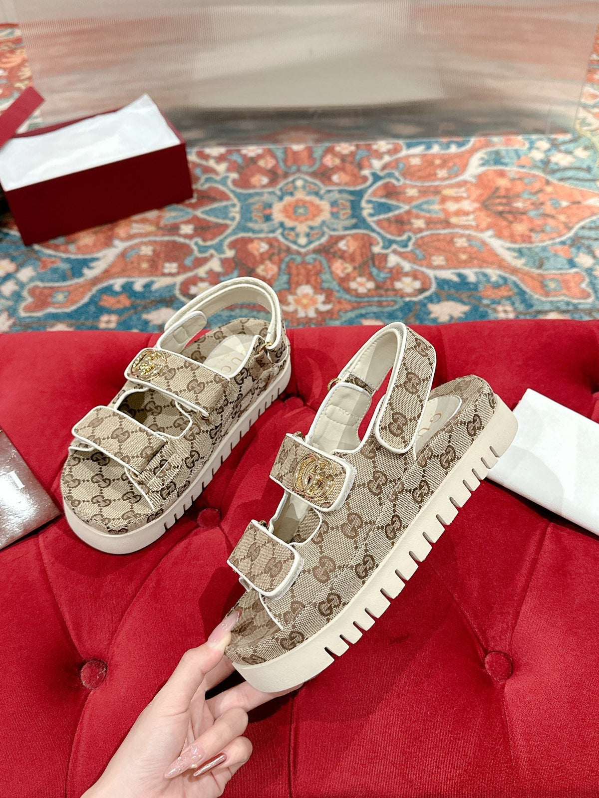 Gi 26s Double G sandals Beige Brown Canvas 929386