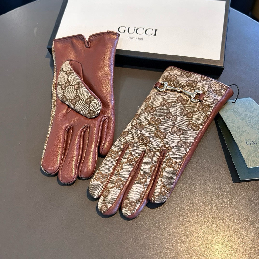 HORSEBIT GLOVES IN BEIGE MONOGRAM JACQUARD FABRIC MIX RED BROWN SHEEPSKIN 456332