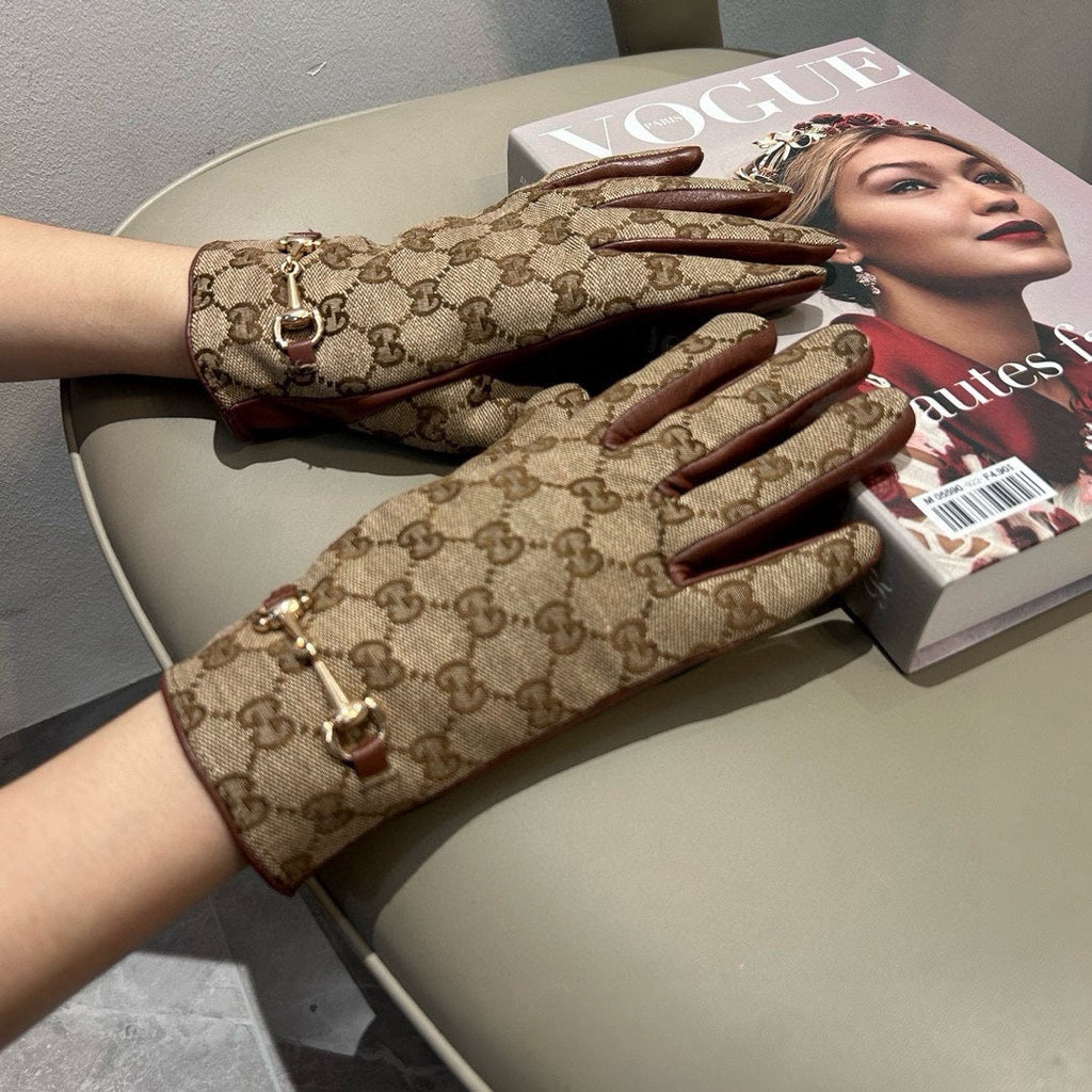 HORSEBIT GLOVES IN BEIGE MONOGRAM JACQUARD FABRIC MIX RED BROWN SHEEPSKIN 456332