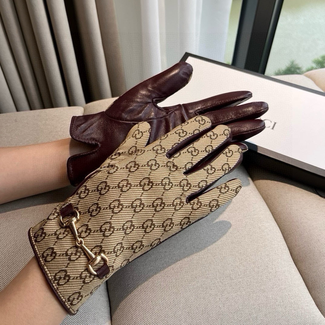 HORSEBIT GLOVES IN BEIGE MONOGRAM JACQUARD FABRIC MIX MERLOT RED SHEEPSKIN 456334