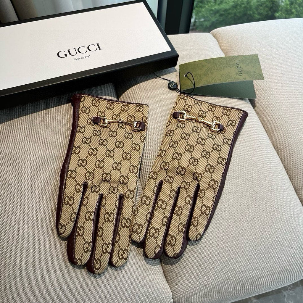 HORSEBIT GLOVES IN BEIGE MONOGRAM JACQUARD FABRIC MIX MERLOT RED SHEEPSKIN 456334